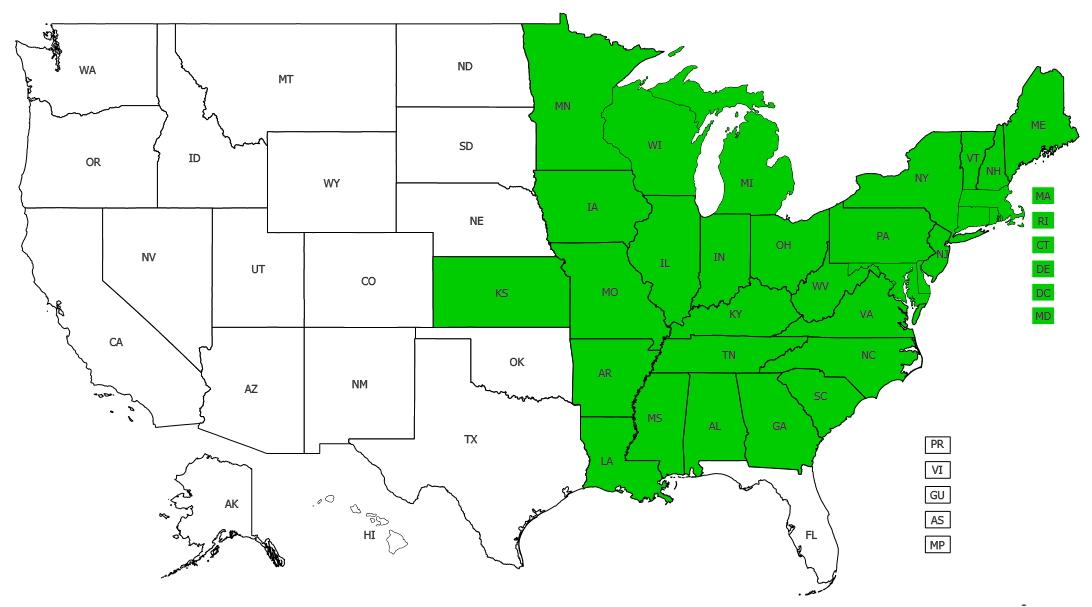 Oriental bittersweet US distribution, 2014. Courtesy eddmaps.org.